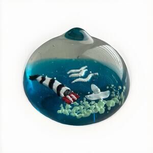 Glass Paperweight Nautical Beach Theme Home Decor Lighthouse Boat Blue Sky Birds